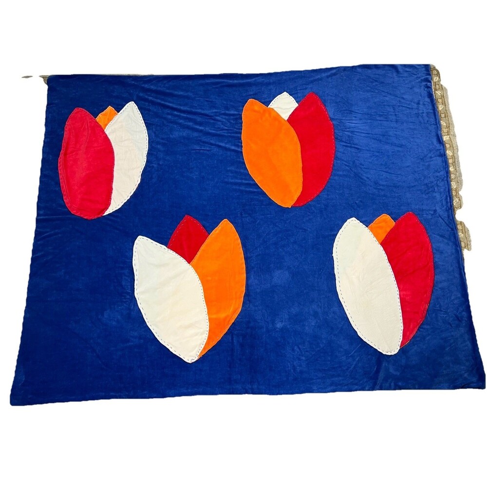 Unique Handmade Velour Tuplip Appliqué 72x 60 Blanket EUC
